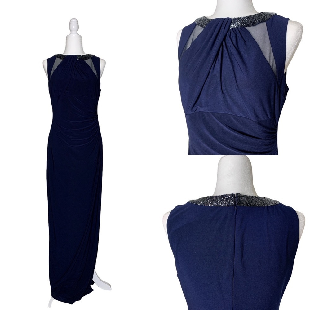 Lauren Ralph Lauren Navy Beaded Neck Sleeveless Evening Gown Sz‎ 12